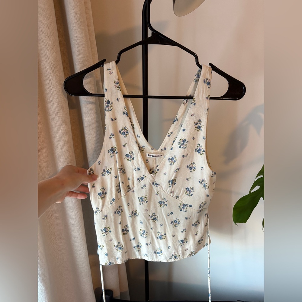 Reformation Cream Camisole with Blue Floral Print